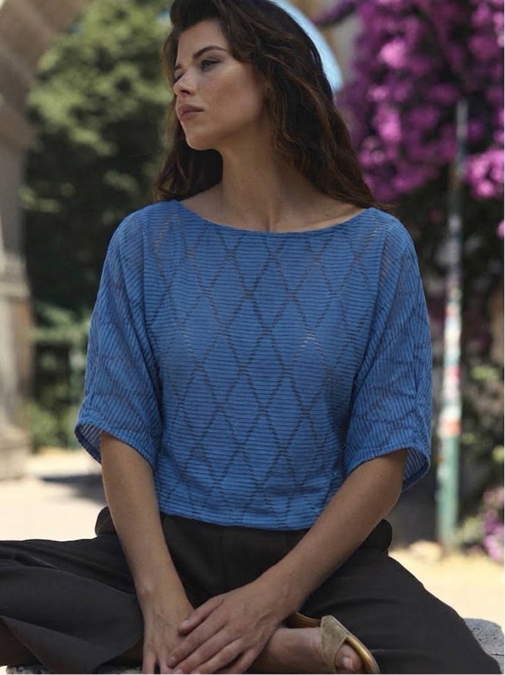 Sisley Blue Diamond-Texture Short Sleeve Semi-Sheer Top